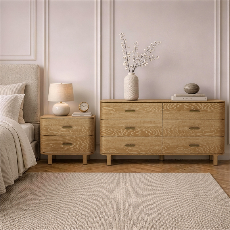 Solara Contemporary 2-Piece Dresser and Nightstand in Natural Oak
