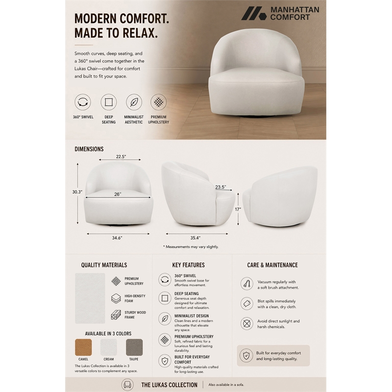 Lukas Contemporary Modern Upholstered Swivel Accent Chair in Cream