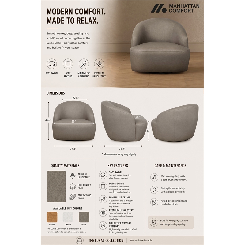 Lukas Contemporary Modern Upholstered Swivel Accent Chair in Taupe