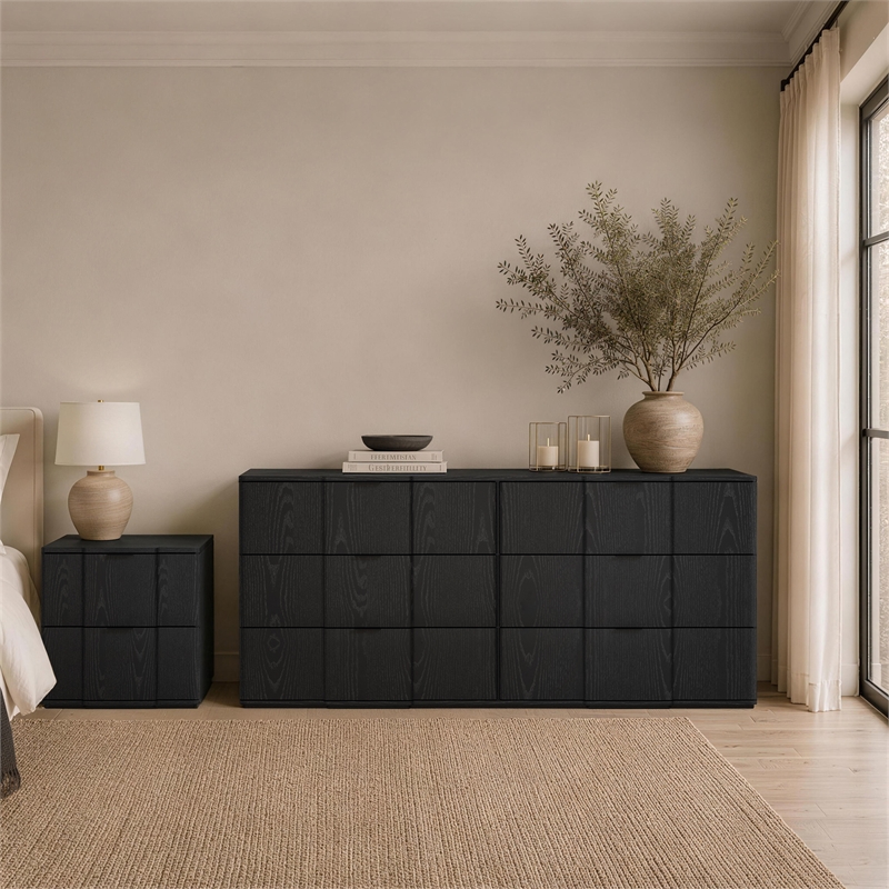Clive Mid-Century Modern 2-Piece Dresser and Nightstand in Black