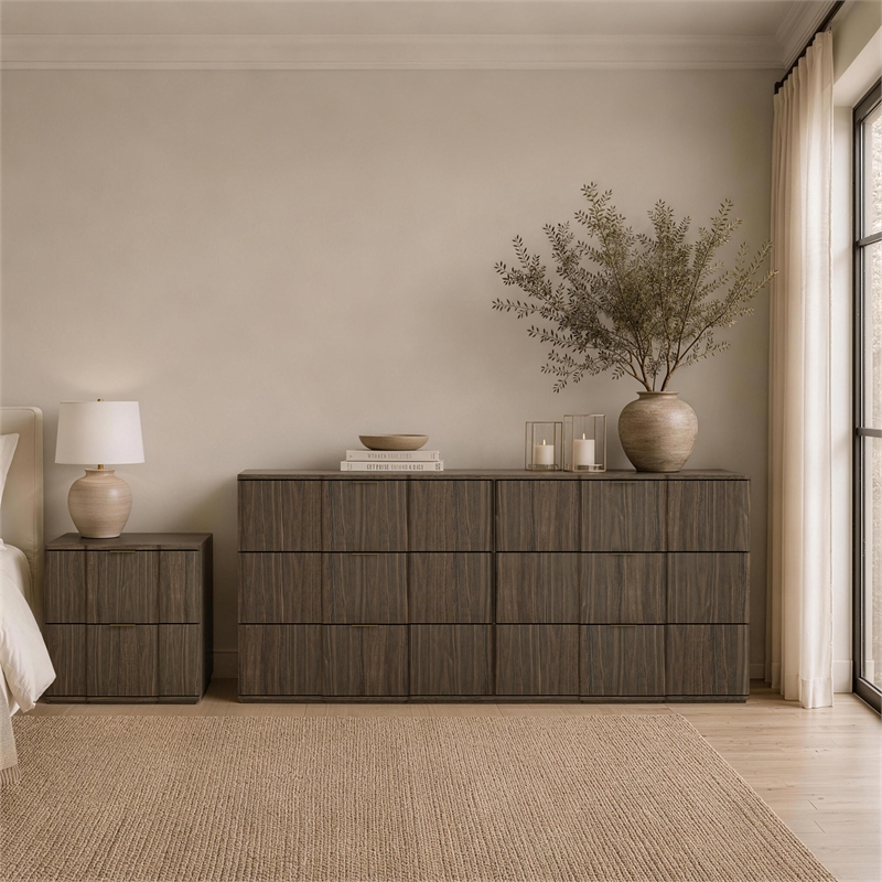 Clive Mid-Century Modern 2-Piece Dresser and Nightstand in Walnut and Gold