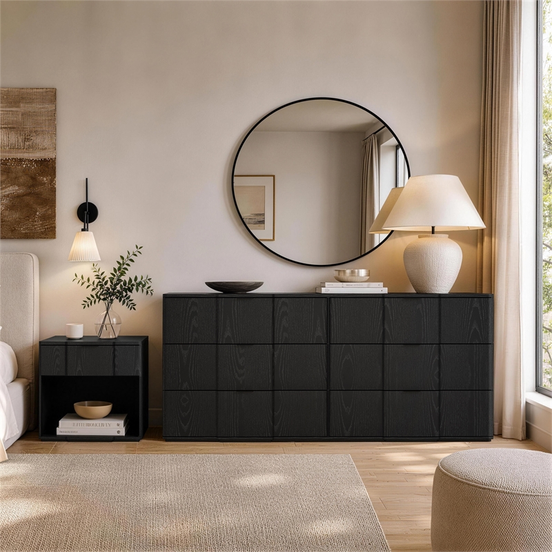 Clive Mid-Century Modern 2-Piece Dresser and Nightstand in Black