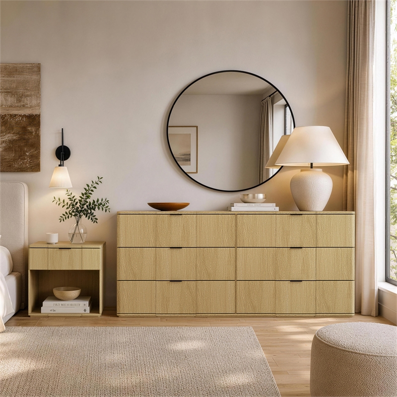 Clive Mid-Century Modern 2-Piece Dresser and Nightstand in Natural Oak