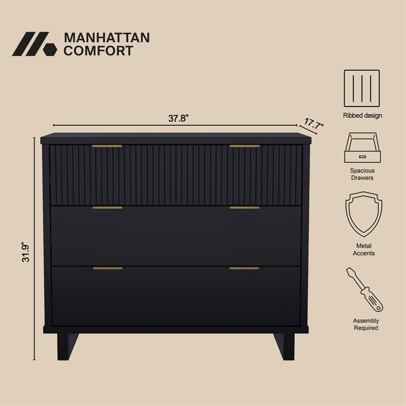 Elara Contemporary 3-Piece Dresser and Nightstand in Black