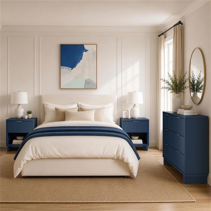 Elara Contemporary 3-Piece Dresser and Nightstand in Midnight Blue