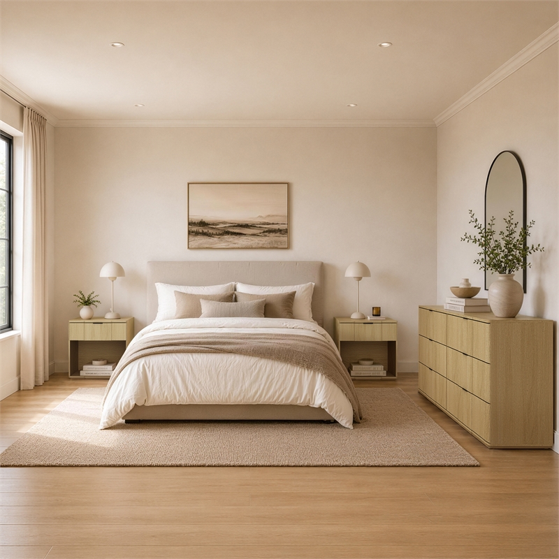 Clive Mid-Century Modern 3-Piece Dresser and Nightstand in Natural Oak