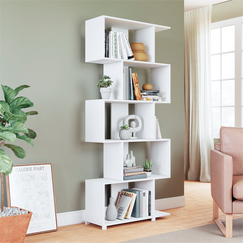Manhattan Comfort Petrolina 5-Shelf Zig Zag Wood Bookcase in White