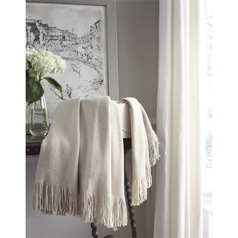 Ashley Furniture Haiden Stripe Acrylic Fabric Throw Blanket in Ivory and Taupe
