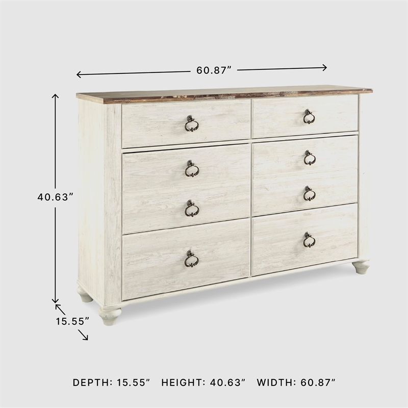 Ashley Furniture Willowton 6 Drawer Double Dresser in Whitewash
