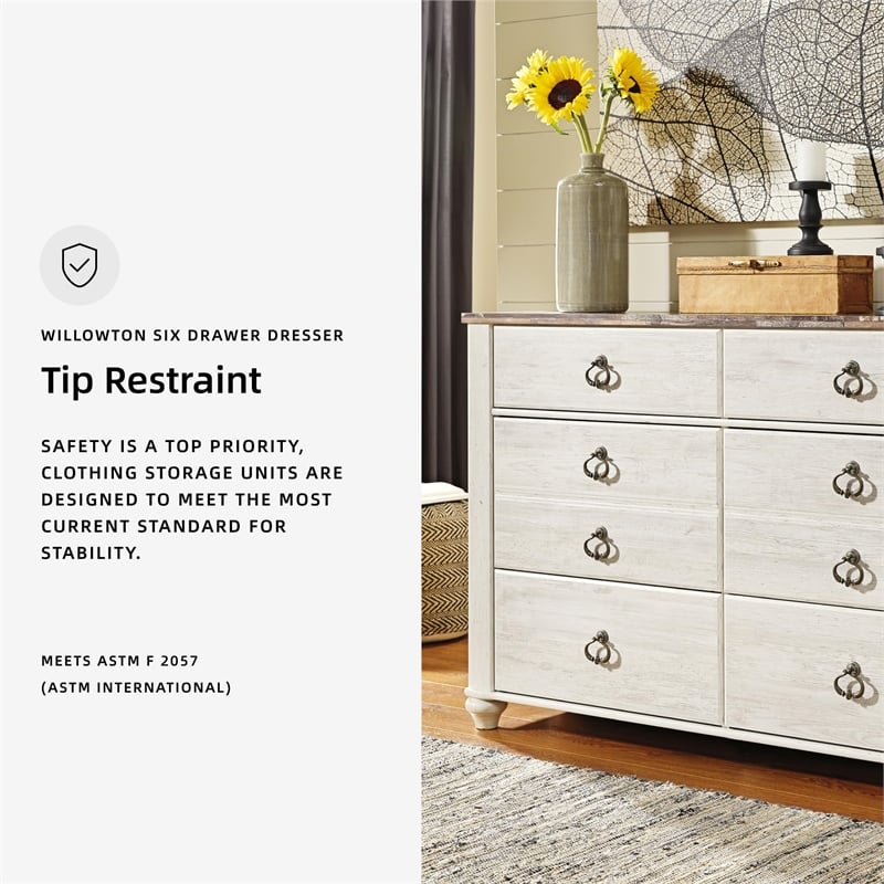 Ashley Furniture Willowton 6 Drawer Double Dresser in Whitewash