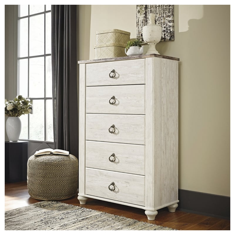 Ashley Furniture Willowton Wood 5 Drawer Chest in White Finish