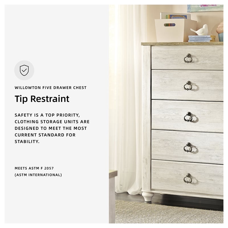 Ashley Furniture Willowton Wood 5 Drawer Chest in White Finish