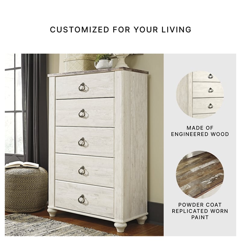 Ashley Furniture Willowton Wood 5 Drawer Chest in White Finish