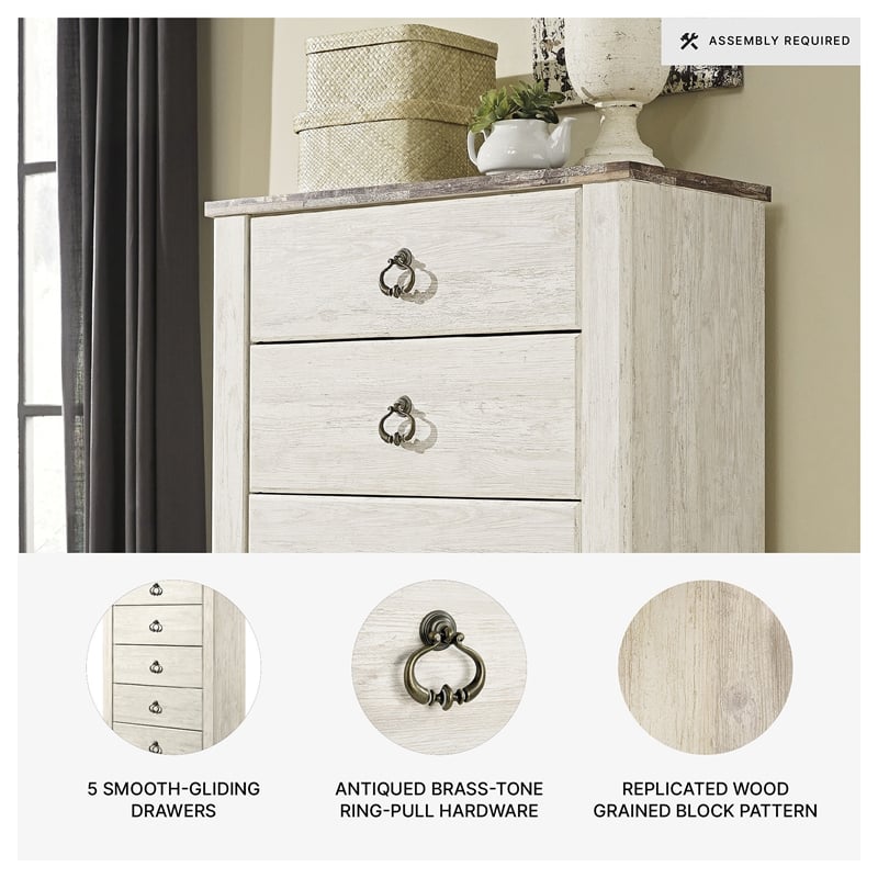 Ashley Furniture Willowton Wood 5 Drawer Chest in White Finish