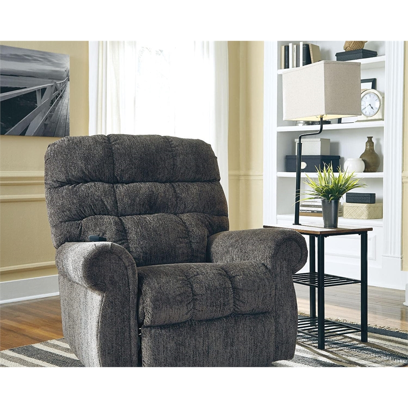 Ashley Furniture Shianne Metal and Wood Tray Floor Lamp w/Fabric Shade in Black