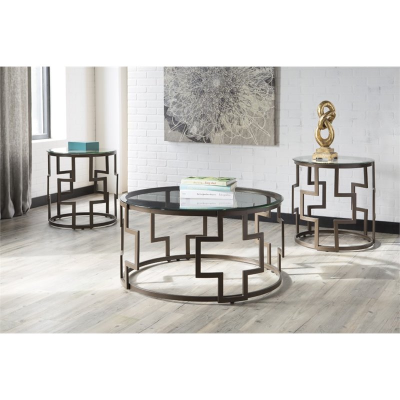 Ashley Furniture Frostine 3 Piece Coffee Table Set in Dark Bronze