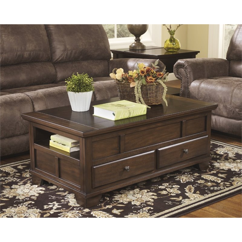 Ashley Furniture Gately Lift Top Coffee Table in Medium Brown