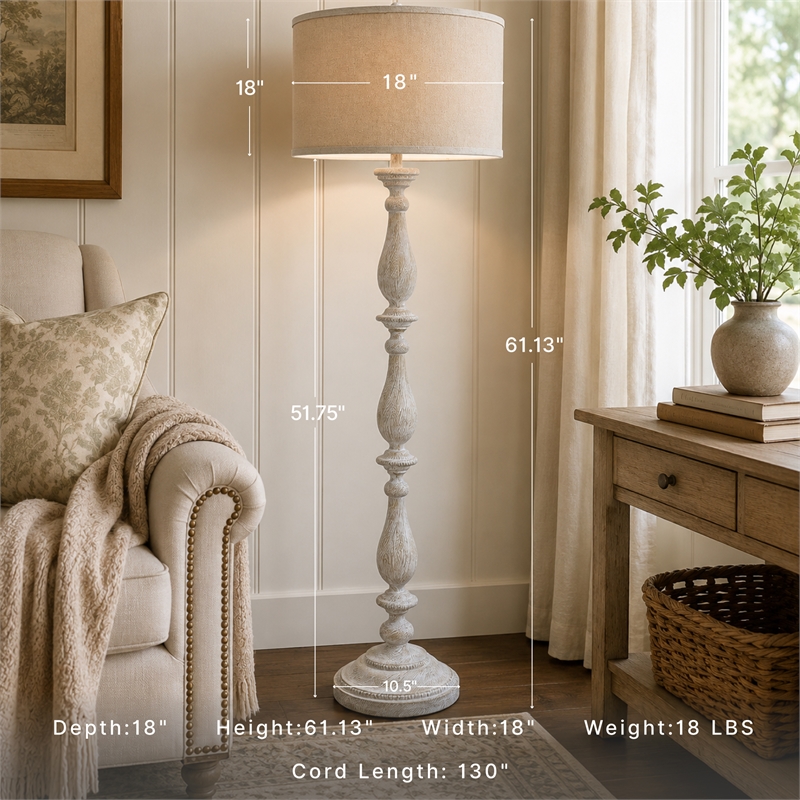 Ashley Furniture Bernadate Cast Resin Floor Lamp w/Fabric Shade in White Wash