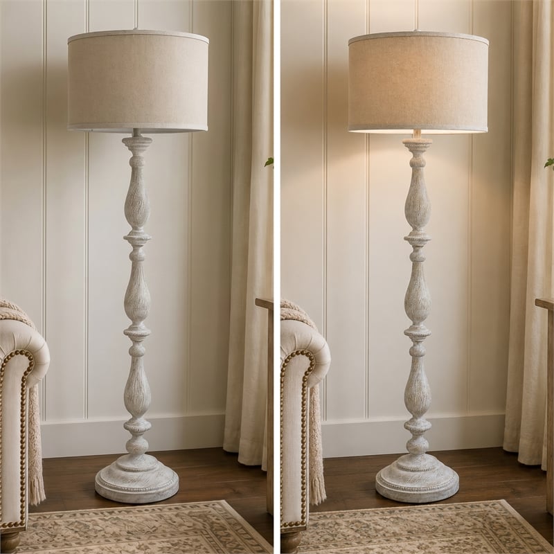 Ashley Furniture Bernadate Cast Resin Floor Lamp w/Fabric Shade in White Wash