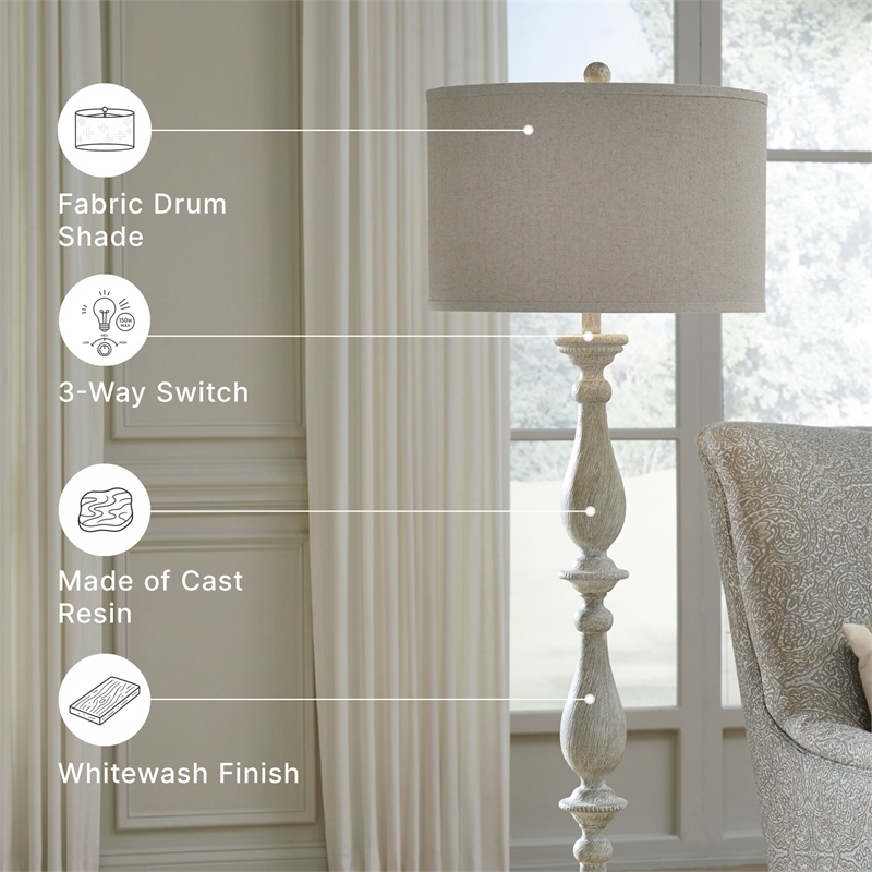 Ashley Furniture Bernadate Cast Resin Floor Lamp w/Fabric Shade in White Wash