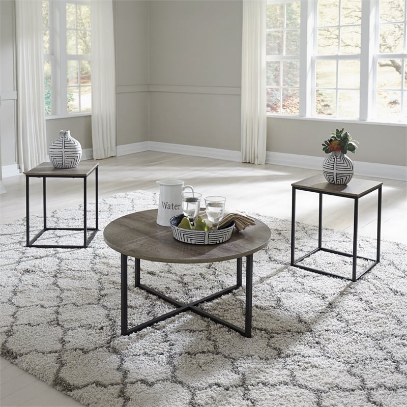 Ashley Furniture Wadeworth 3 Piece Coffee Table Set in Dark Metallic and Black