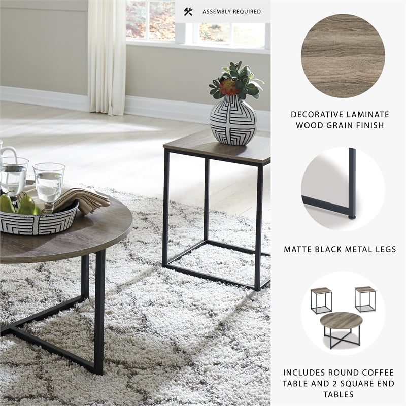 Ashley Furniture Wadeworth 3 Piece Coffee Table Set in Dark Metallic and Black