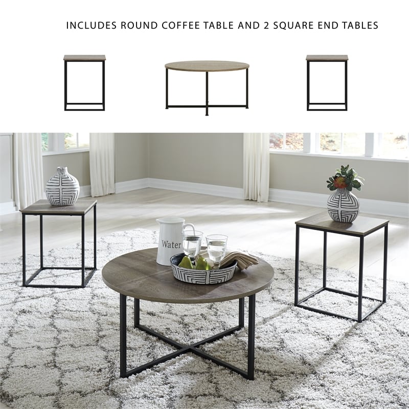 Ashley Furniture Wadeworth 3 Piece Coffee Table Set in Dark Metallic and Black