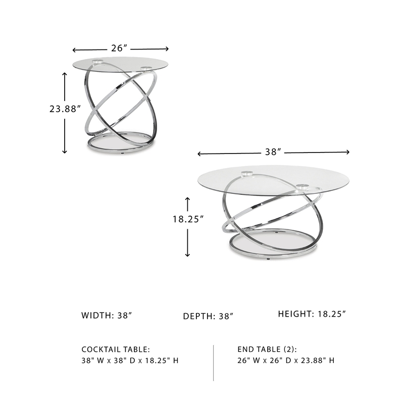Ashley Furniture Modern Hollynyx 3 Piece Glass Top Coffee Table Set in Chrome