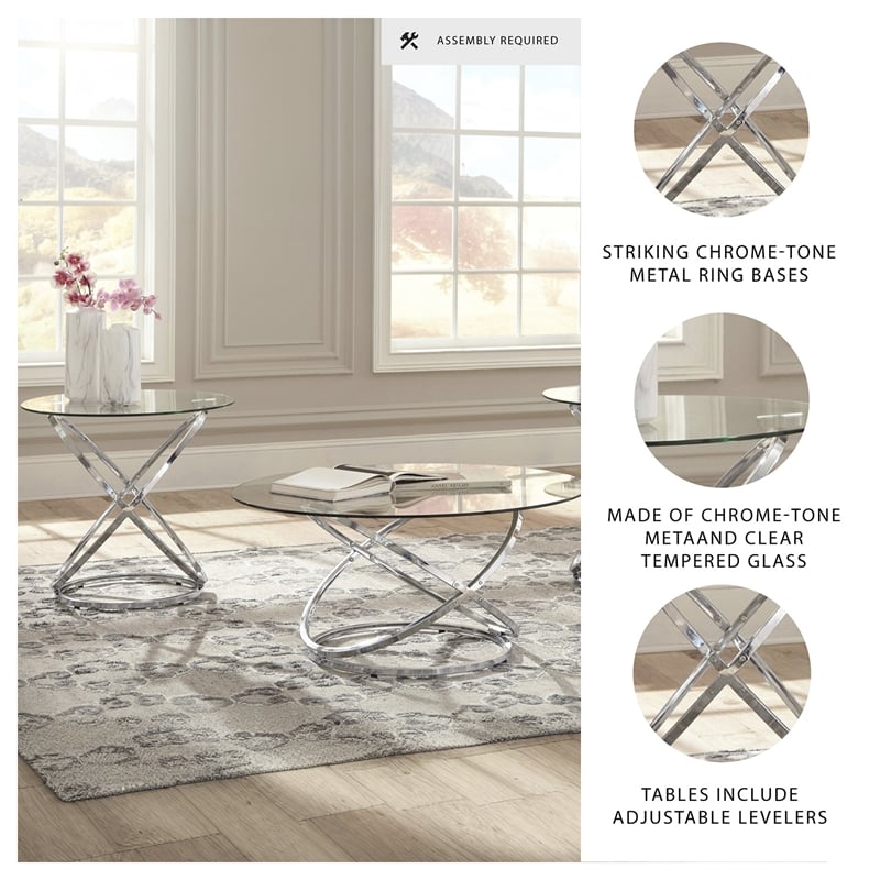 Ashley Furniture Modern Hollynyx 3 Piece Glass Top Coffee Table Set in Chrome