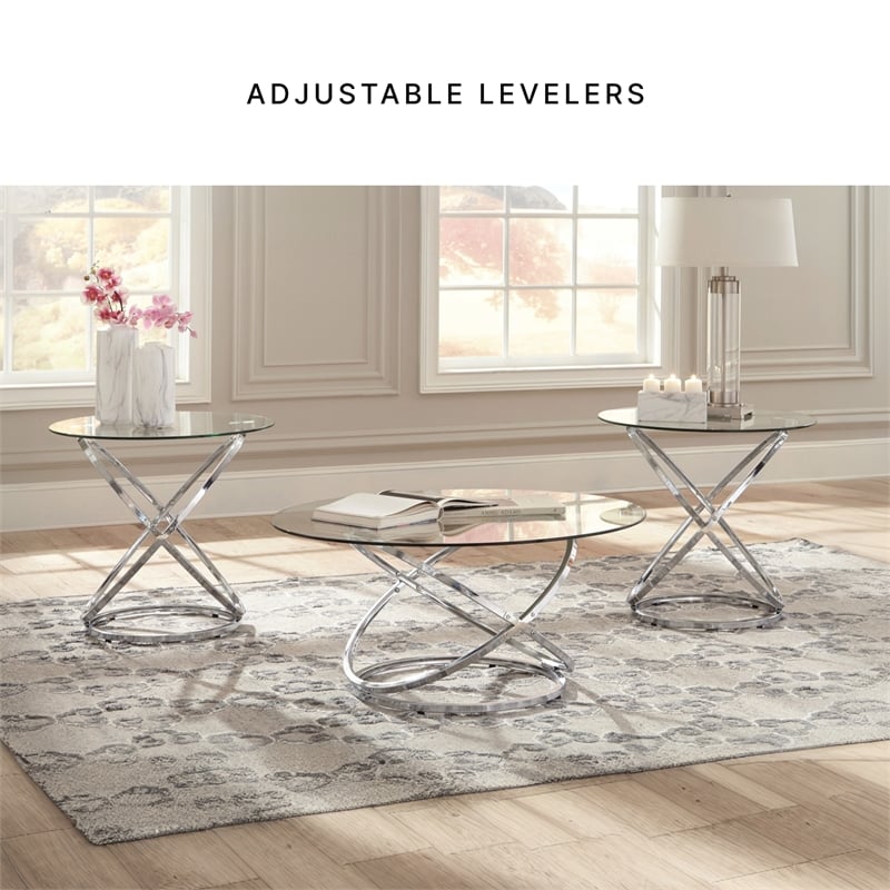 Ashley Furniture Modern Hollynyx 3 Piece Glass Top Coffee Table Set in Chrome
