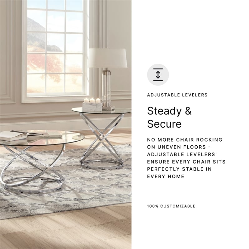 Ashley Furniture Modern Hollynyx 3 Piece Glass Top Coffee Table Set in Chrome