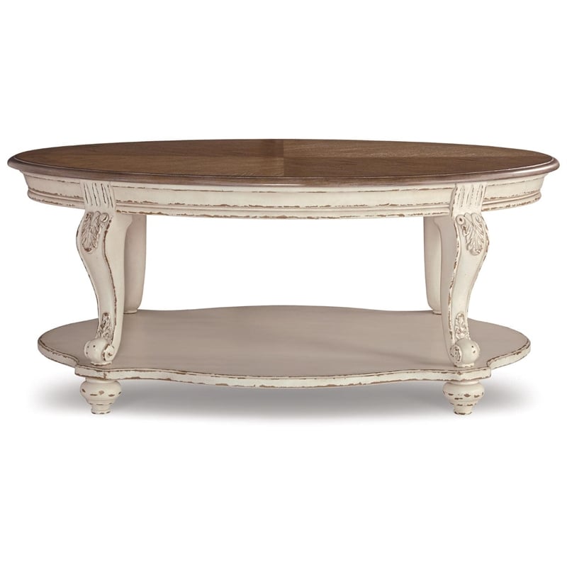 Ashley Furniture Realyn Engineered Wood Oval Coffee Table in White and Brown