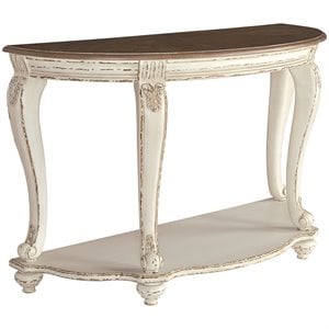signature design by ashley realyn console table in chipped white and brown