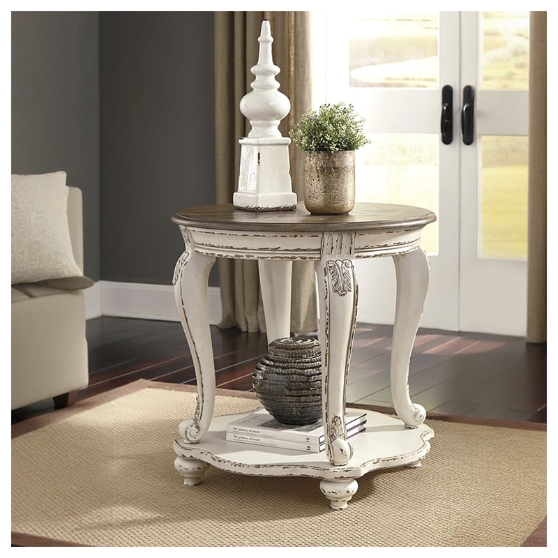 Signature Design by Ashley Realyn Round End Table in Chipped White and Brown