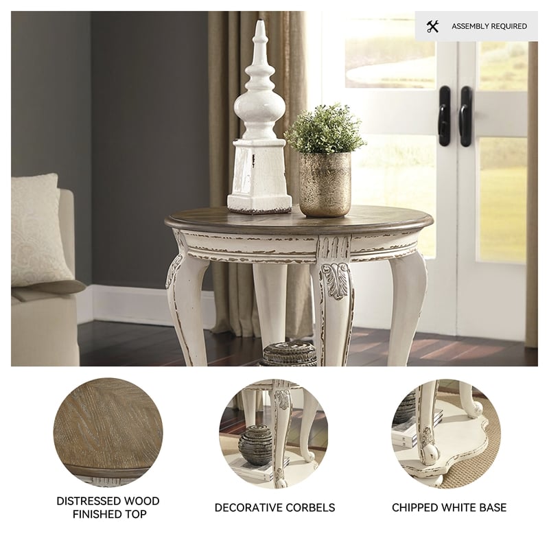 Signature Design by Ashley Realyn Round End Table in Chipped White and Brown