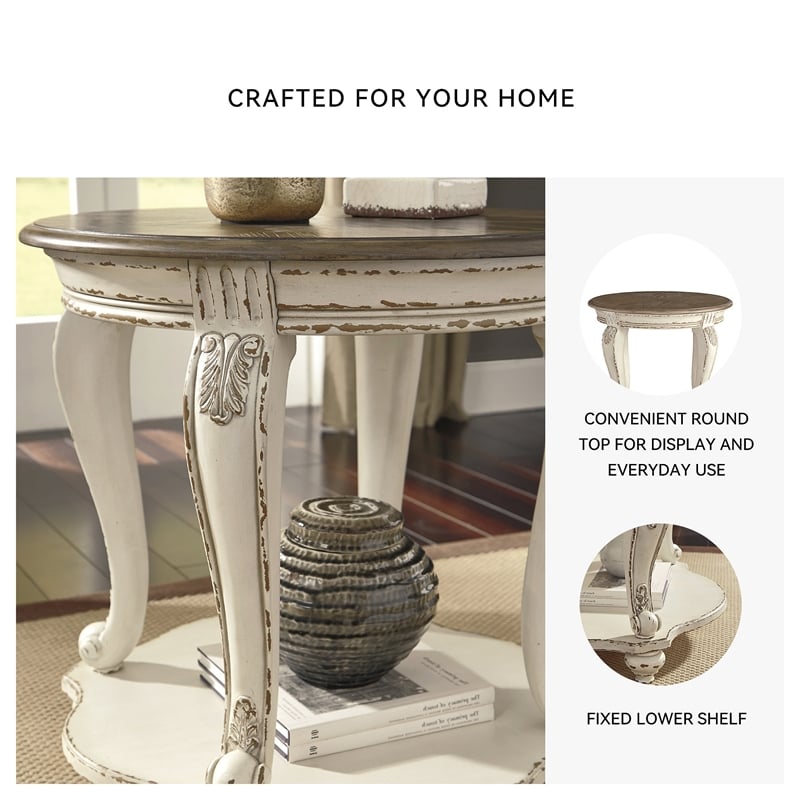 Signature Design by Ashley Realyn Round End Table in Chipped White and Brown