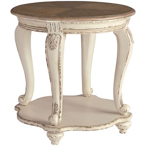 ashley furniture realyn round end table in chipped white and brown