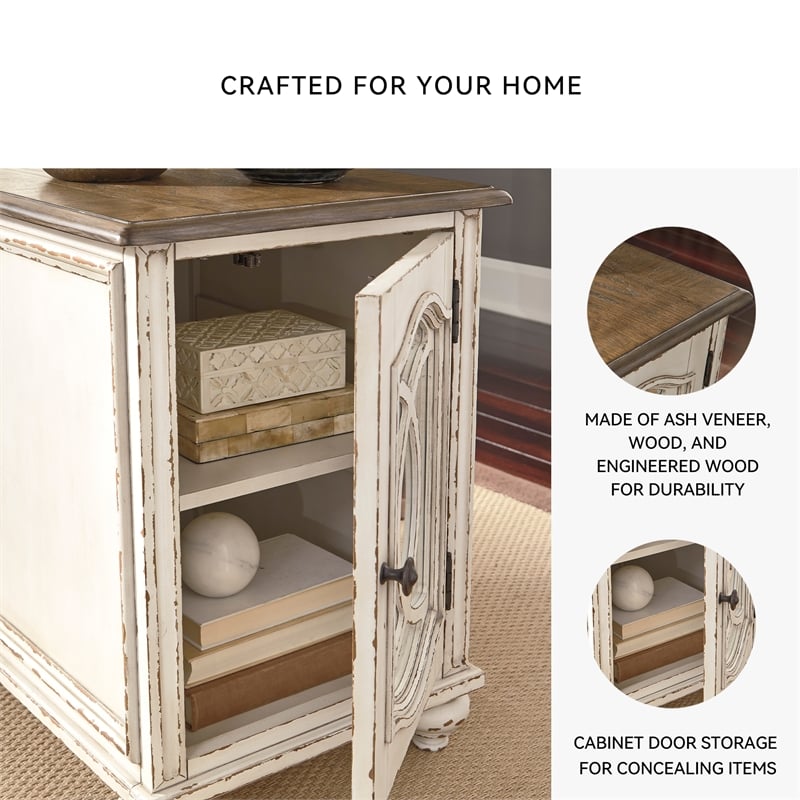 Ashley Furniture Realyn Mirrored Storage End Table in Chipped White/Brown