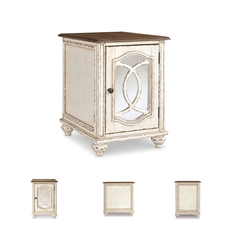Ashley Furniture Realyn Mirrored Storage End Table in Chipped White/Brown