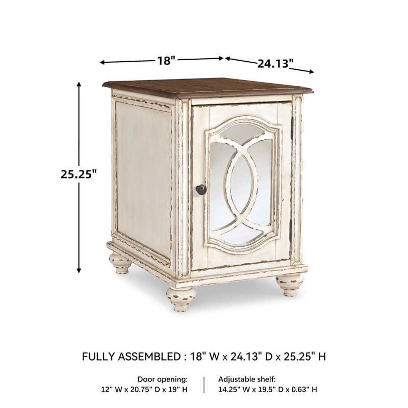Ashley Furniture Realyn Mirrored Storage End Table in Chipped White/Brown