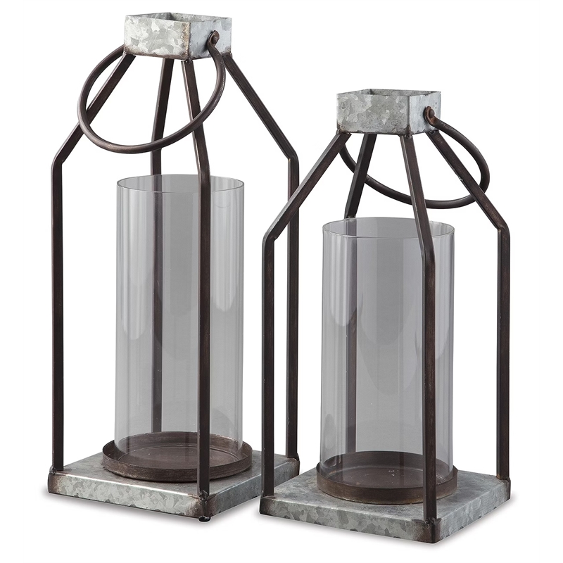 ashley diedrick 2 piece metal and glass lantern candle holder set