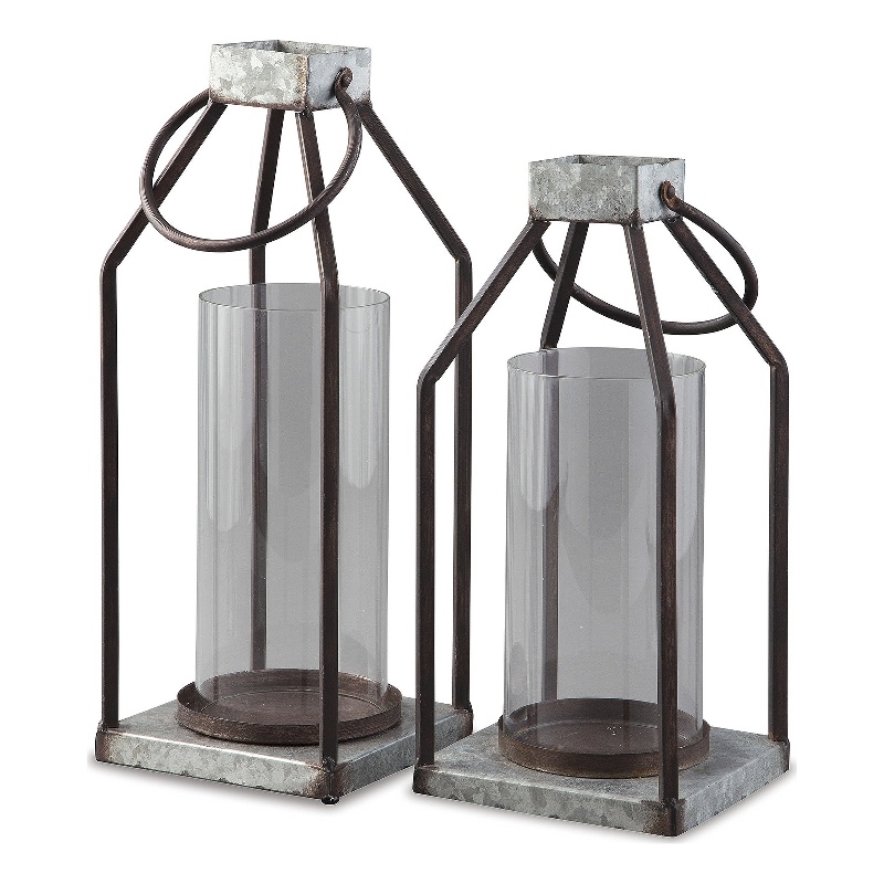 Ashley Diedrick 2 Piece Metal and Glass Lantern Candle Holder Set