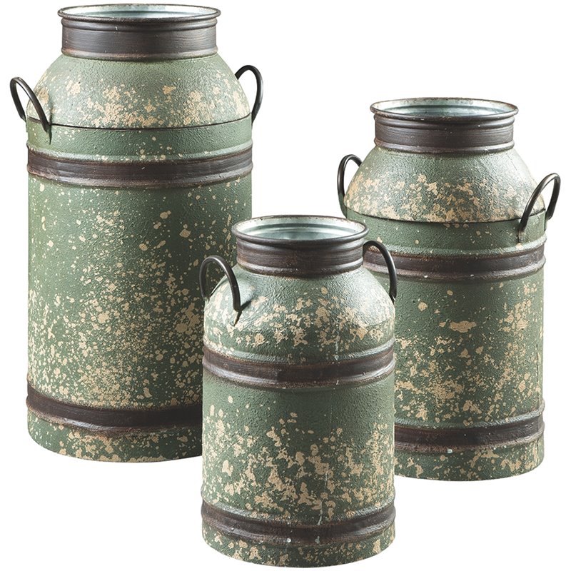 Ashley Elke 3 Piece Metal Milk Can Set in Antique Brown and Green