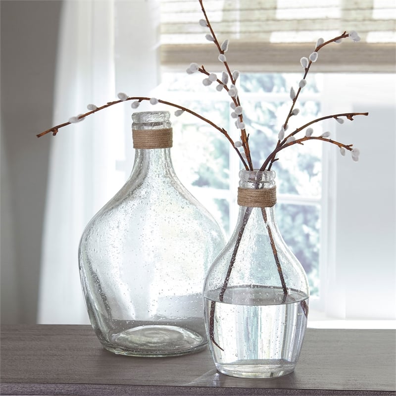 Ashley Furniture Marcin 2 Piece Glass and Rope Vase Set in Clear