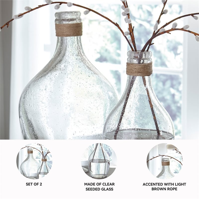 Ashley Furniture Marcin 2 Piece Glass and Rope Vase Set in Clear