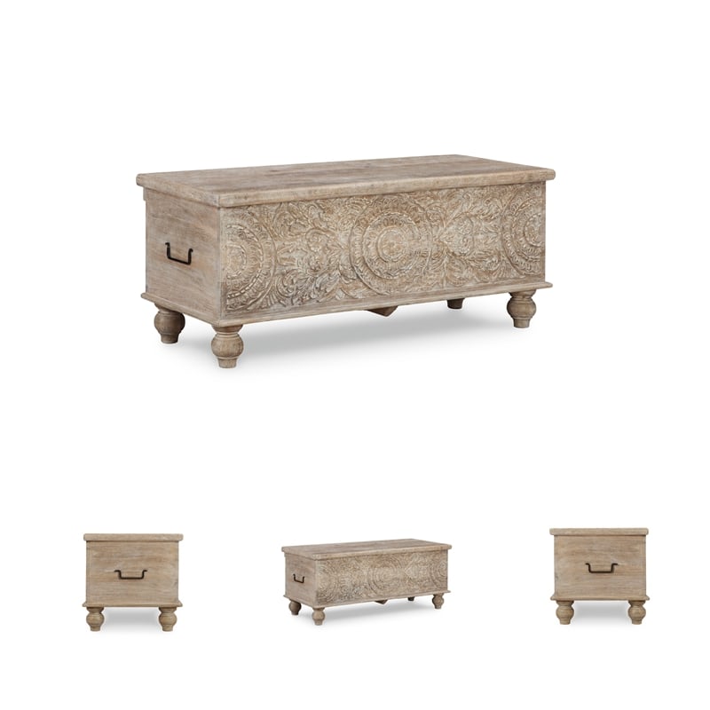 Ashley Fossil Modern Wood Ridge Storage Bench in Antique White and Brown