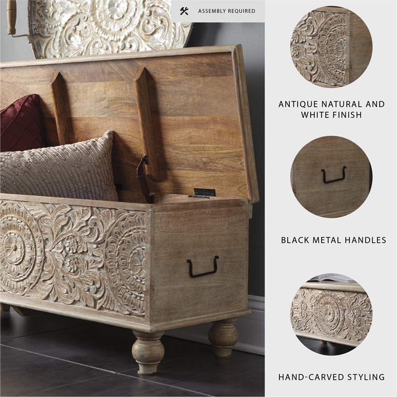 Ashley Fossil Modern Wood Ridge Storage Bench in Antique White and Brown