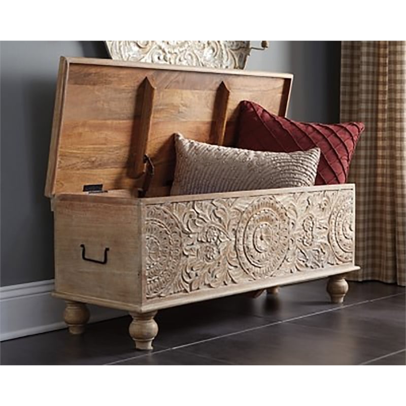 Ashley Fossil Modern Wood Ridge Storage Bench in Antique White and Brown