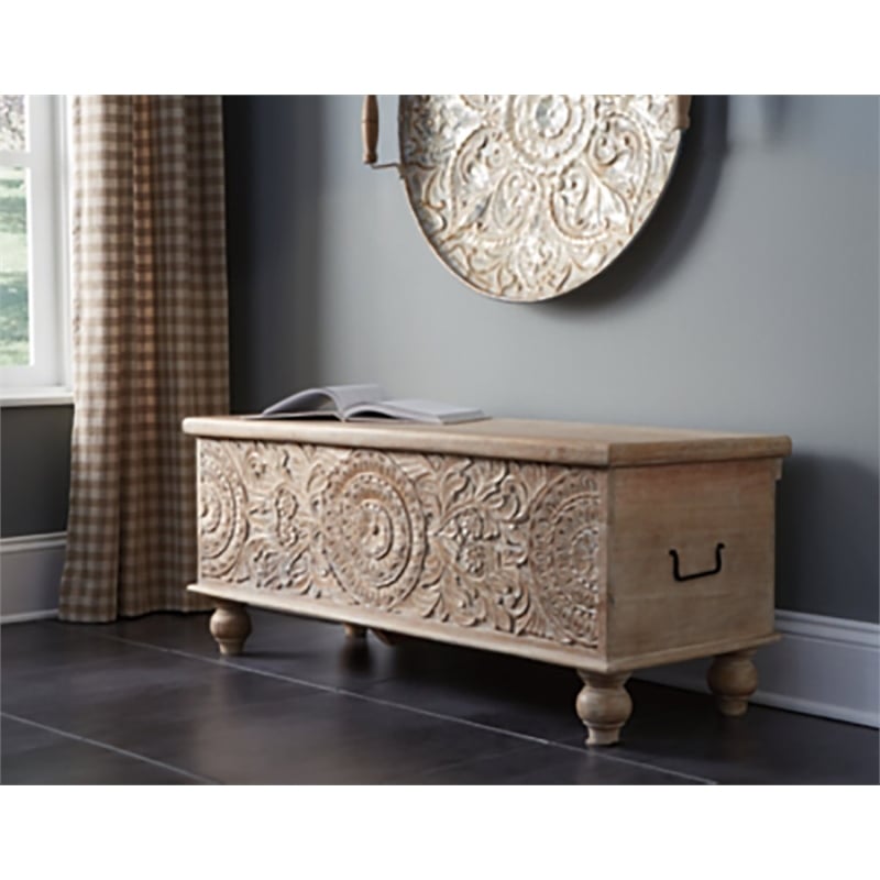 Ashley Fossil Modern Wood Ridge Storage Bench in Antique White and Brown