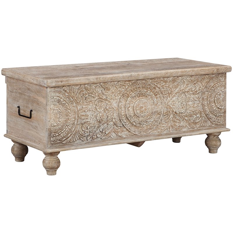 Ashley Fossil Modern Wood Ridge Storage Bench in Antique White and Brown